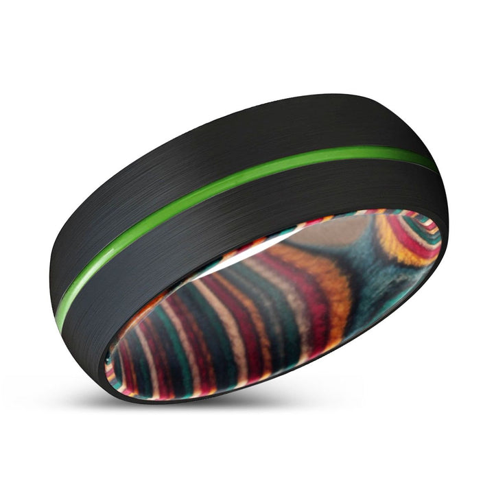 KOMODO | Multi Color Wood, Black Tungsten Ring, Green Groove, Domed - Rings - Aydins Jewelry - 2