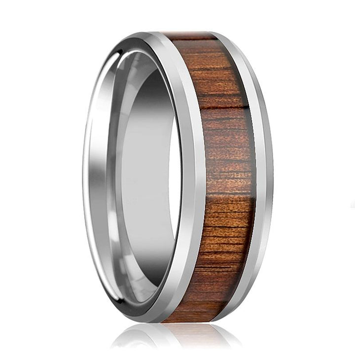 KONA | Silver Tungsten Ring, Koa Wood Inlay, Beveled - Rings - Aydins Jewelry - 1