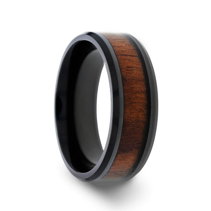KONY | Black Titanium Ring, Black Walnut Wood Inlay, Beveled - Rings - Aydins Jewelry - 1