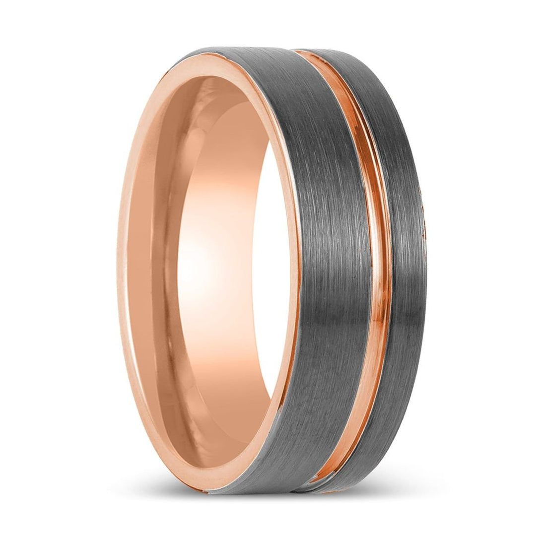 KORAI | Gun Metal Tungsten Ring, Rose Gold Inside, Offset Rose Groove, Flat - Rings - Aydins Jewelry - 1