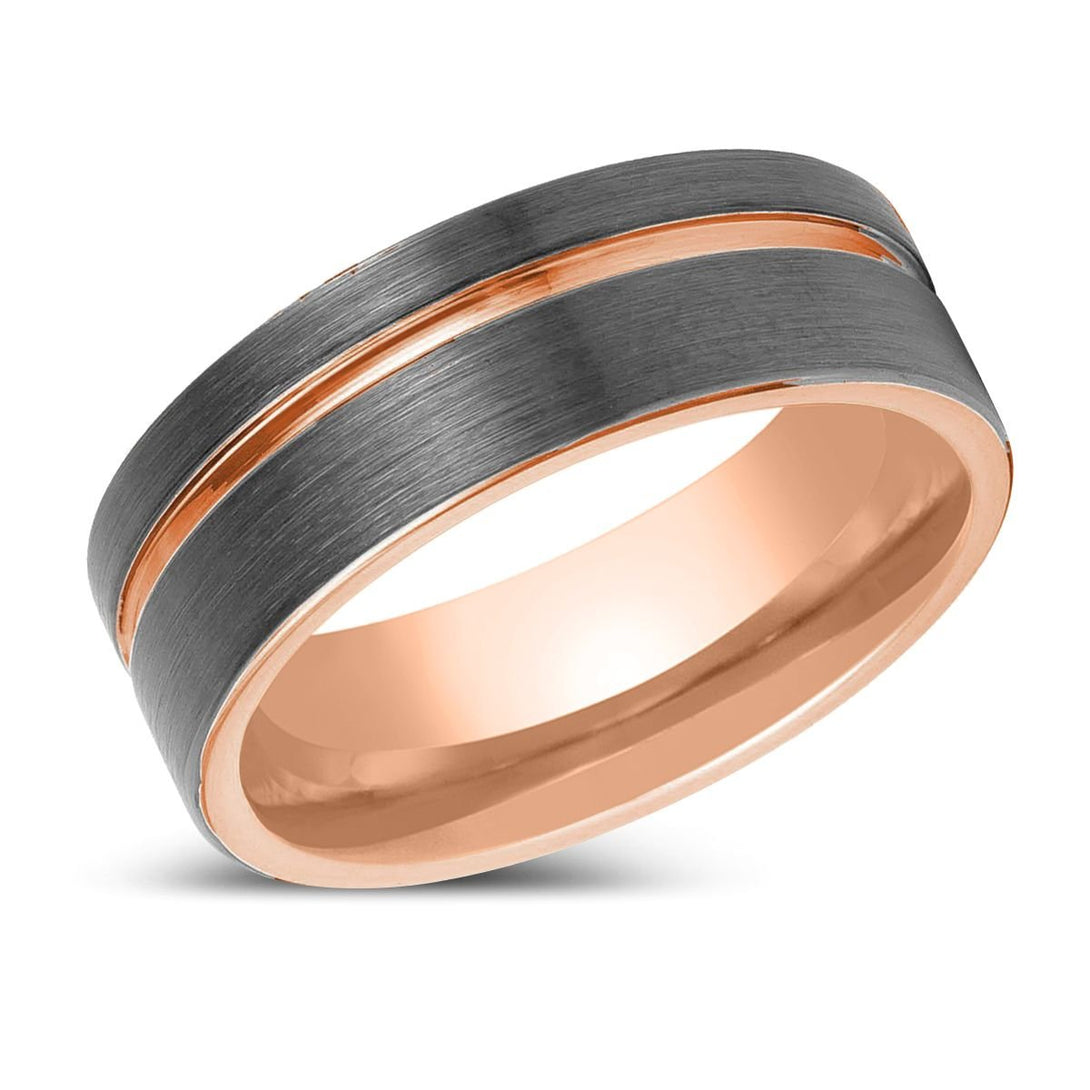 KORAI | Gun Metal Tungsten Ring, Rose Gold Inside, Offset Rose Groove, Flat - Rings - Aydins Jewelry - 2