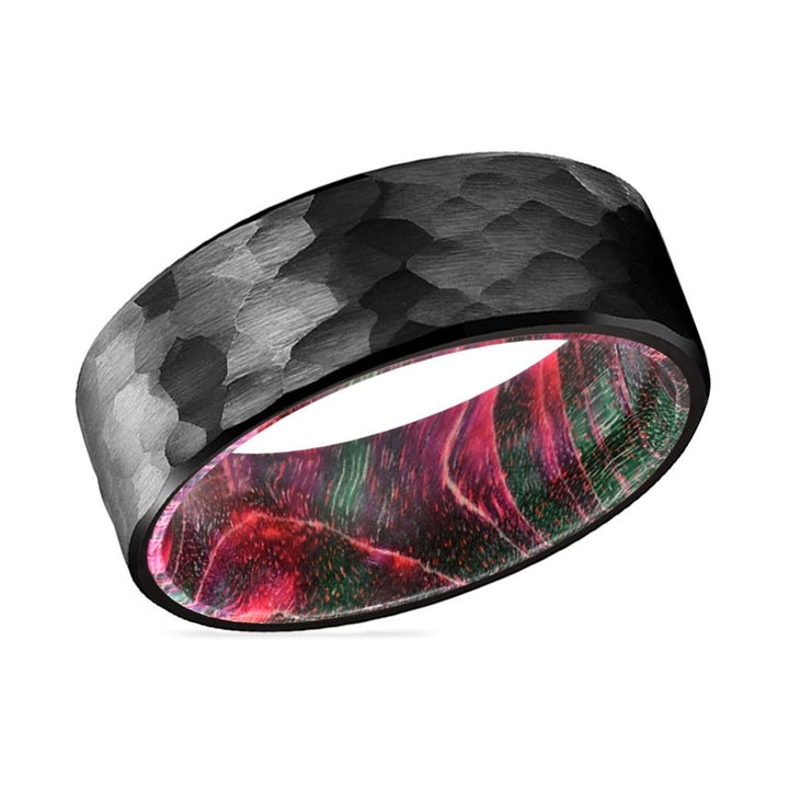 KRETZ | Green and Red Wood, Black Tungsten Ring, Hammered, Flat - Rings - Aydins Jewelry - 2