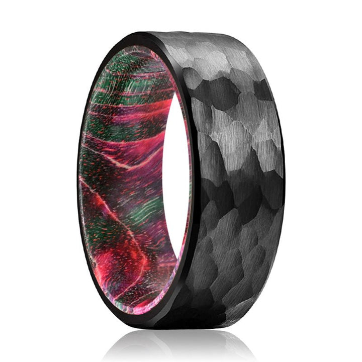 KRETZ | Green and Red Wood, Black Tungsten Ring, Hammered, Flat - Rings - Aydins Jewelry - 1
