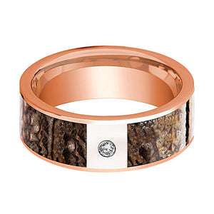 Dinosaur Bone inlay 14k rose gold wedding band with diamond, side profile