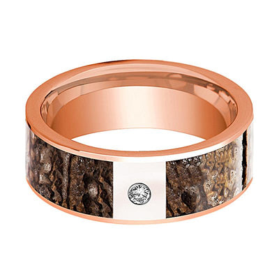 Dinosaur Bone inlay 14k rose gold wedding band with diamond, side profile