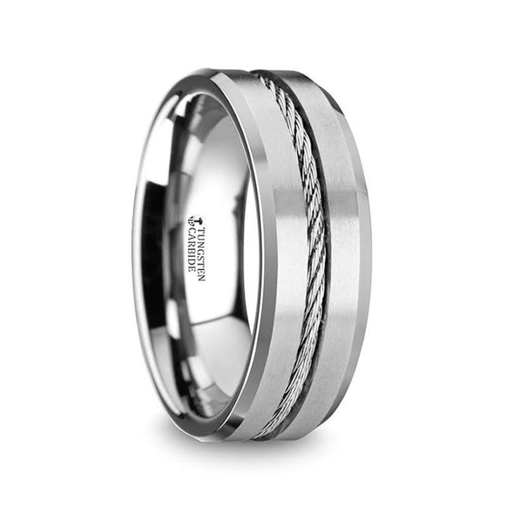 LANNISTER | Silver Tungsten Ring, Steel Wire Cable Inlay, Beveled - Rings - Aydins Jewelry - 1