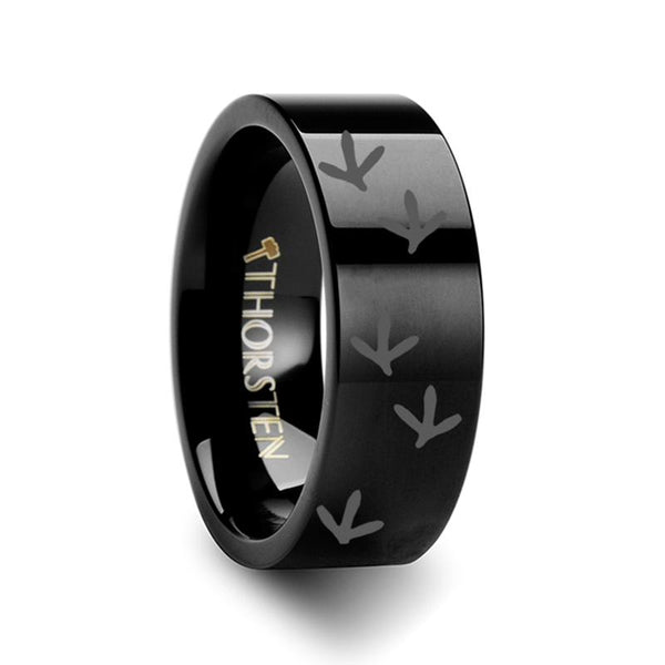 Laser Engraved Black Tungsten Wedding Ring for Men and Women with Quail Bird Track Print - 4MM - 12MM - Rings - Aydins Jewelry - 1