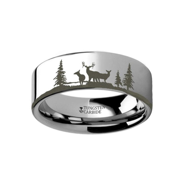Animal Landscape Scene - Deer Stag Mountain Range Ring - Laser Engraved - Flat Tungsten Ring - 4mm - 6mm - 8mm - 10mm - 12mm - Rings - Aydins_Jewelry