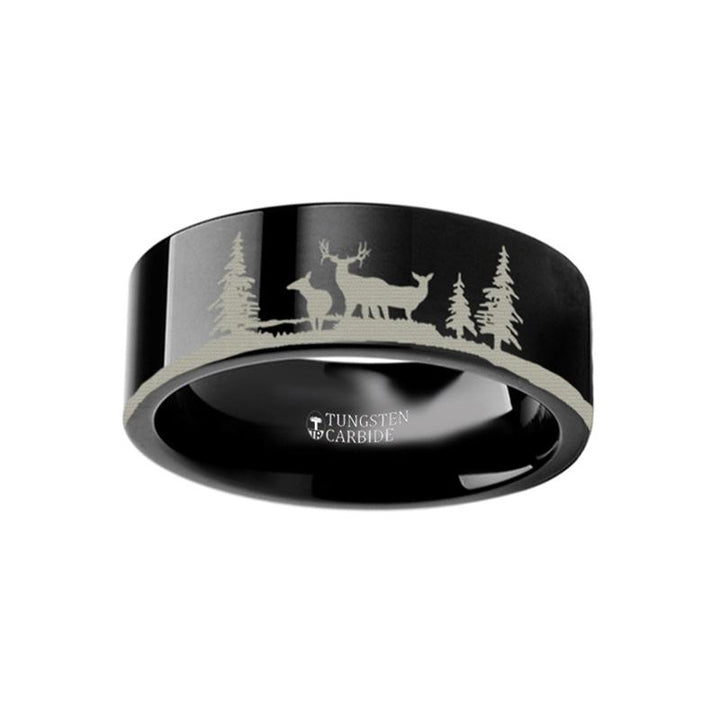 Laser Engraved Deer Stag Mountain Range Flat Tungsten Couple Matching Ring - 4MM - 12MM - Rings - Aydins Jewelry - 2