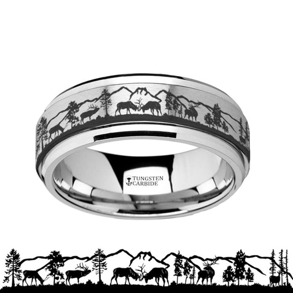 Laser Engraved Deer Stag Mountain Range Scene Tungsten Spinner Ring for Men with Bevels - 8MM - Rings - Aydins Jewelry - 1