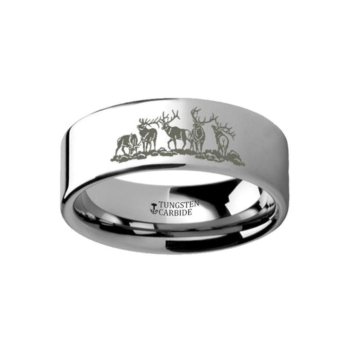 Animal Landscape Scene - Five Deer Stag Hunting Ring  - Laser Engraved - Flat Black Tungsten Ring - 4mm - 6mm - 8mm - 10mm - 12mm - Rings - Aydins_Jewelry