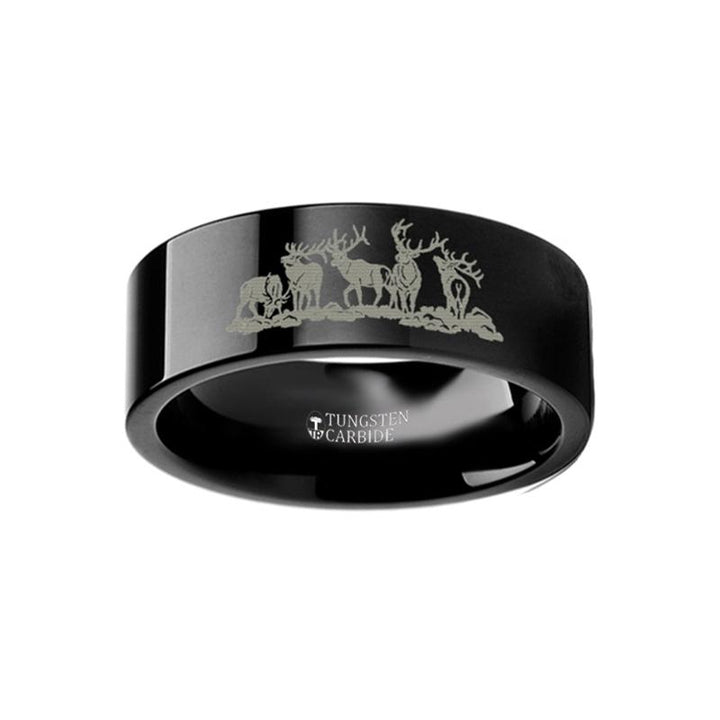 Laser Engraved FIve Deer Stag Hunting Print Flat Tungsten Couple Matching Ring - 4MM - 12MM - Rings - Aydins Jewelry - 2