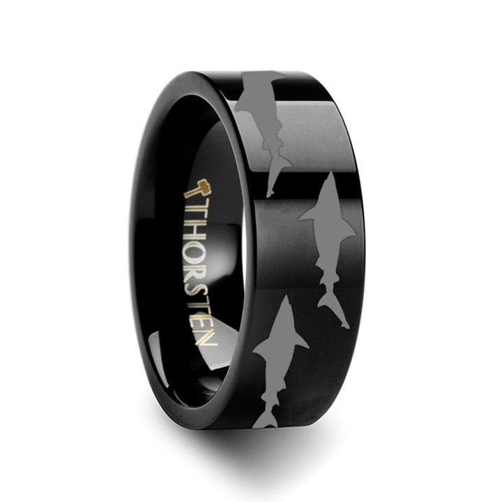 Laser Engraved Shark Predator Fish Sea Pattern Print Flat Polished Tungsten Couple Matching Ring - 4MM -12MM - Rings - Aydins Jewelry - 2