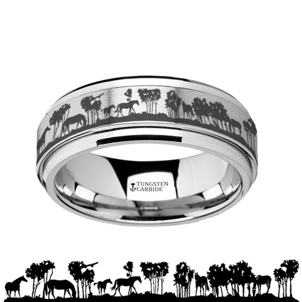 Laser Engraved Wild Horse Scene Men's Tungsten Carbide Spinner Ring with Bevels - 8MM - Rings - Aydins Jewelry - 1