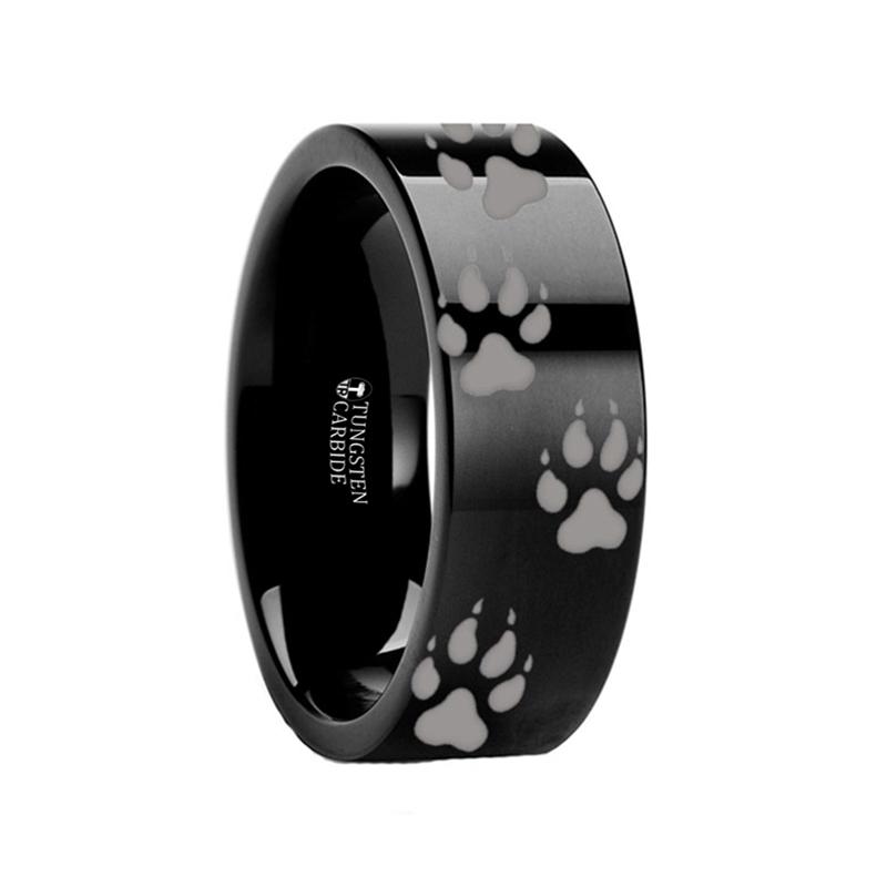 Laser Engraved Wolf Track Print Animal Design Flat Tungsten Carbide men's wedding band, image 2