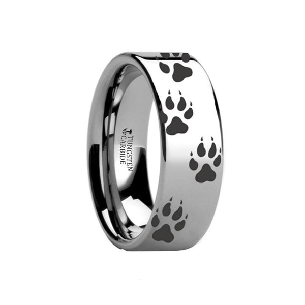 Laser Engraved Wolf Track Print Animal Design Flat Tungsten Couple Matching Ring - 4MM - 12MM - Rings - Aydins Jewelry