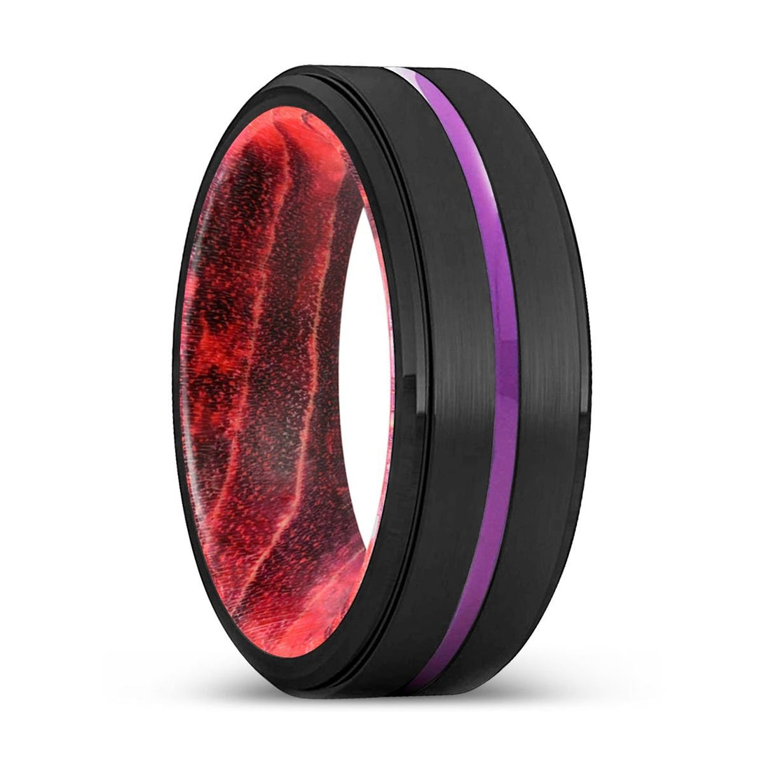 LAUNCESTON | Black & Red Wood, Black Tungsten Ring, Purple Groove, Stepped Edge - Rings - Aydins Jewelry - 1