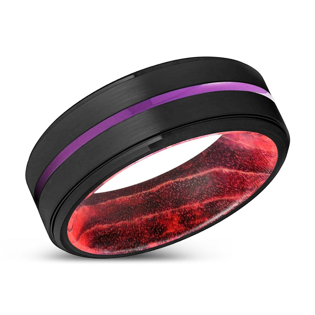 LAUNCESTON | Black & Red Wood, Black Tungsten Ring, Purple Groove, Stepped Edge - Rings - Aydins Jewelry - 2