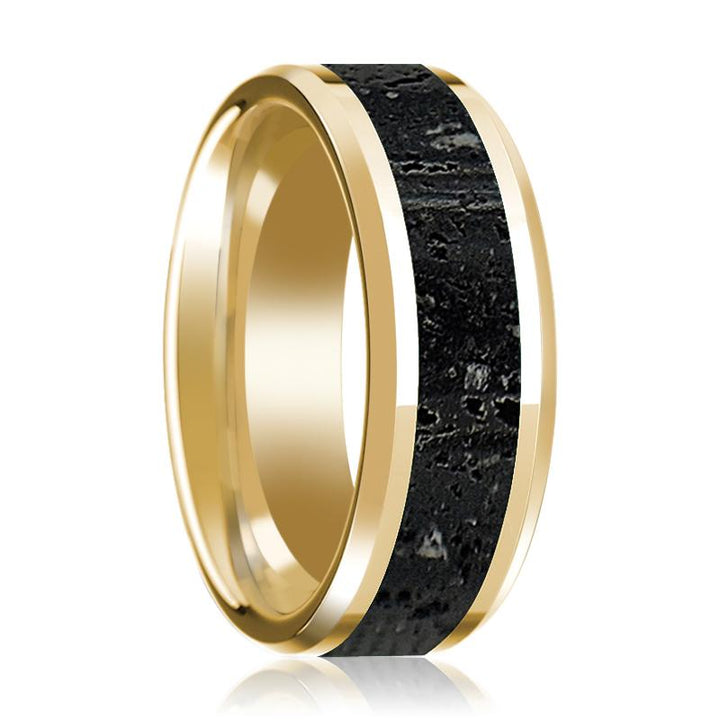 Lava Inlaid Men's 14k Yellow Gold Polished Wedding Band with Beveled Edges - 8MM - Rings - Aydins Jewelry