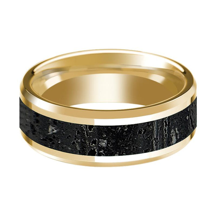 Lava Inlaid Men's 14k Yellow Gold Polished Wedding Band with Beveled Edges - 8MM - Rings - Aydins Jewelry
