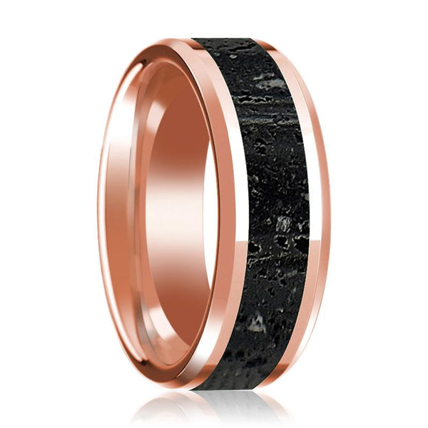 14K Wedding Band in Rose Gold with Lava Rock Inlay Beveled Edge Polished Design - Rings - Aydins_Jewelry