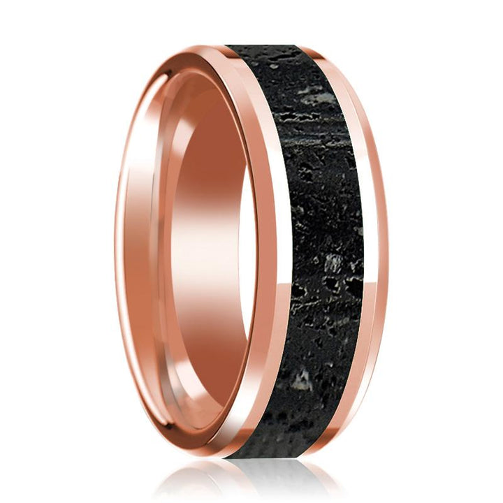 Lava Rock Stone Inlaid 14k Rose Gold Polished Wedding Band for Men with Beveled Edges - 8MM
