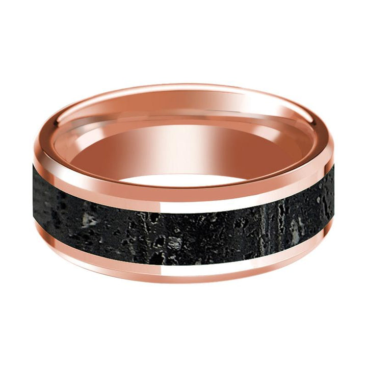 Lava Rock Stone Inlaid 14k Rose Gold Polished Wedding Band for Men with Beveled Edges - 8MM - Rings - Aydins Jewelry - 2