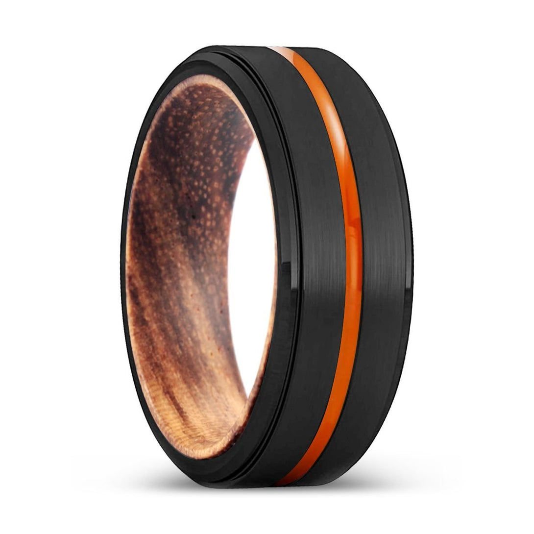 LAVAL | Zebra Wood, Black Tungsten Ring, Orange Groove, Stepped Edge - Rings - Aydins Jewelry - 1