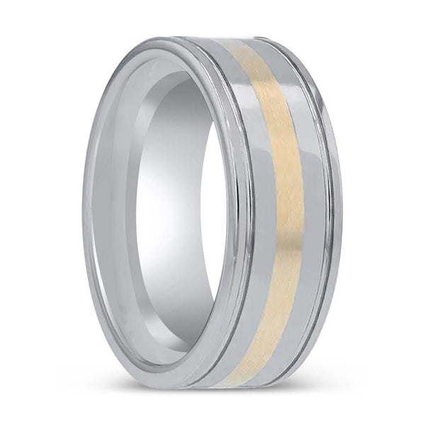 LAZIO | Tungsten Polished Ring, 14K Gold Inlay, Grooved Edges - Rings - Aydins Jewelry
