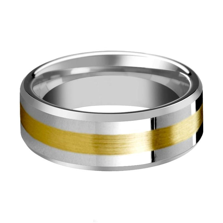 LEGIONAIRE | Silver Tungsten Ring, 14k Yellow Gold Stripe Inlay, Beveled - Rings - Aydins Jewelry - 2