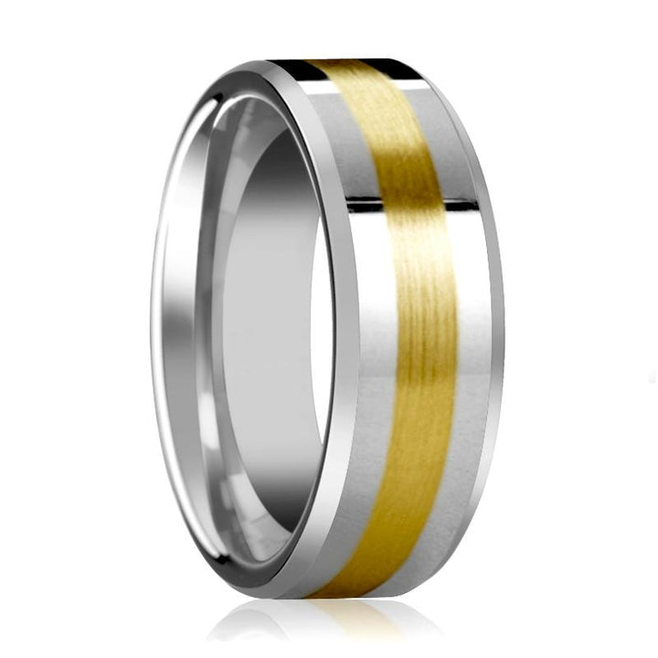 LEGIONAIRE | Silver Tungsten Ring, 14k Yellow Gold Stripe Inlay, Beveled - Rings - Aydins Jewelry - 1