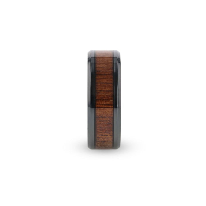 LEIFI | Black Titanium Ring, Koa Wood Inlay, Beveled - Rings - Aydins Jewelry - 1