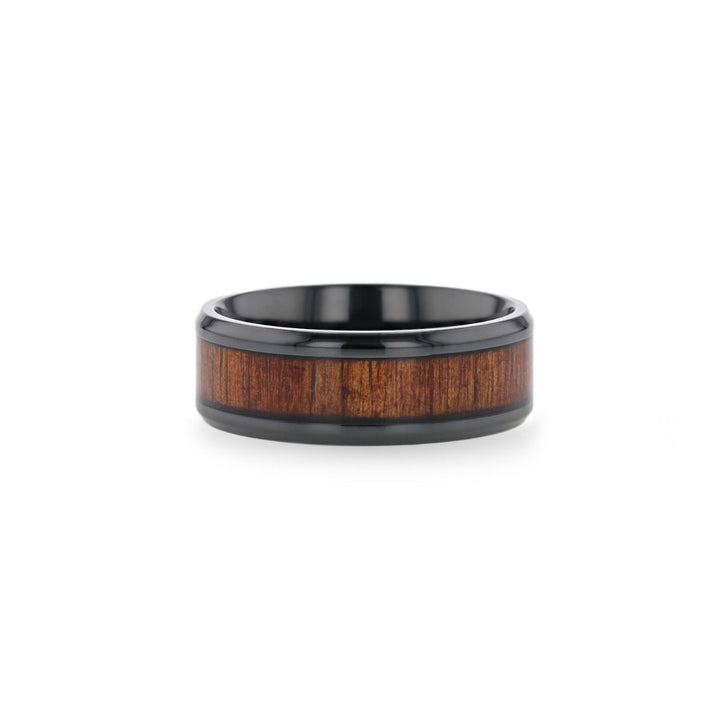 LEIFI | Black Titanium Ring, Koa Wood Inlay, Beveled - Rings - Aydins Jewelry - 3