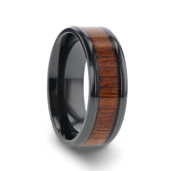 LEIFI | Black Titanium Ring, Koa Wood Inlay, Beveled - Rings - Aydins Jewelry - 2