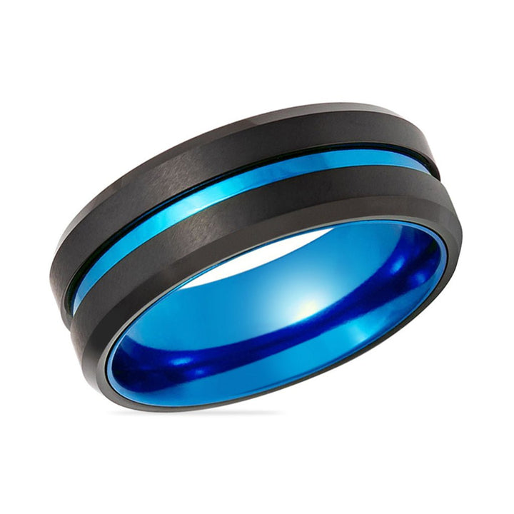 LELRA | Blue Tungsten Ring, Blue Groove, Beveled - Rings - Aydins Jewelry - 2