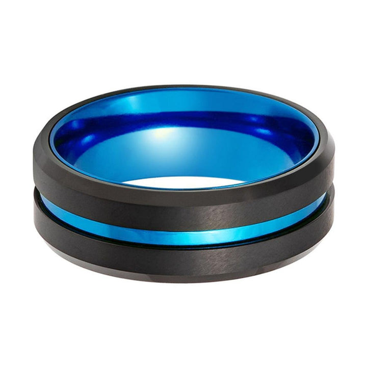 LELRA | Blue Tungsten Ring, Blue Groove, Beveled - Rings - Aydins Jewelry - 3