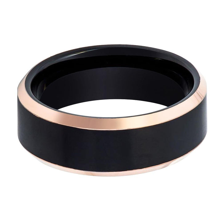 LEONARD | Black Tungsten Ring, Brushed, Rose Gold Beveled - Rings - Aydins Jewelry - 2