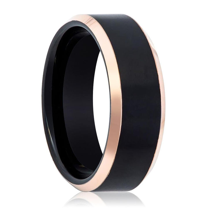 LEONARD | Black Tungsten Ring, Brushed, Rose Gold Beveled - Rings - Aydins Jewelry - 1