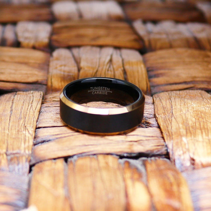 LEONARD | Black Tungsten Ring, Brushed, Rose Gold Beveled - Rings - Aydins Jewelry - 4