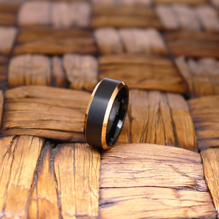 LEONARD | Black Tungsten Ring, Brushed, Rose Gold Beveled - Rings - Aydins Jewelry - 3