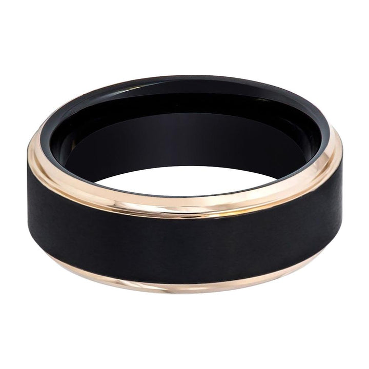 LEONARDO | Black Tungsten Ring, Brushed, Rose Gold Stepped Edge - Rings - Aydins Jewelry - 2
