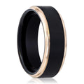 LEONARDO black tungsten wedding band with brushed center and rose gold stepped edges worn on hand, lifestyle photo