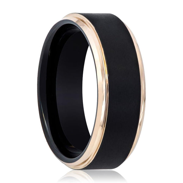 LEONARDO | Black Tungsten Ring, Brushed, Rose Gold Stepped Edge - Rings - Aydins Jewelry - 1