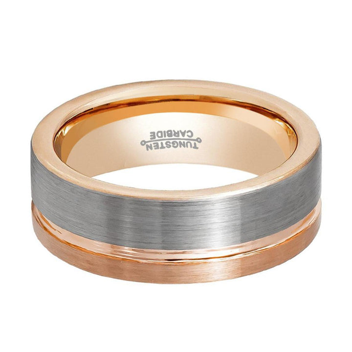 LEONEL | Silver Tungsten Ring, Silver Brushed, Rose Gold Groove, Flat - Rings - Aydins Jewelry - 3