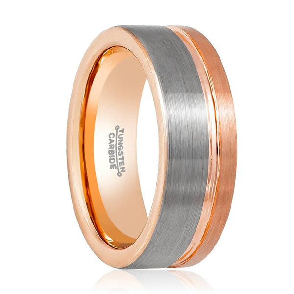 LEONEL | Silver Tungsten Ring, Silver Brushed, Rose Gold Groove, Flat - Rings - Aydins Jewelry - 1