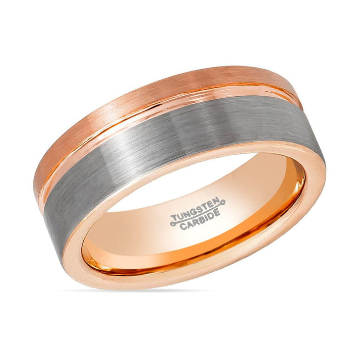 LEONEL | Silver Tungsten Ring, Silver Brushed, Rose Gold Groove, Flat - Rings - Aydins Jewelry - 2