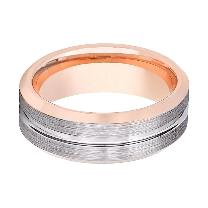 LEONINE | Rose Gold Tungsten Ring, Brushed, Grooved, Beveled Edge - Rings - Aydins Jewelry - 2