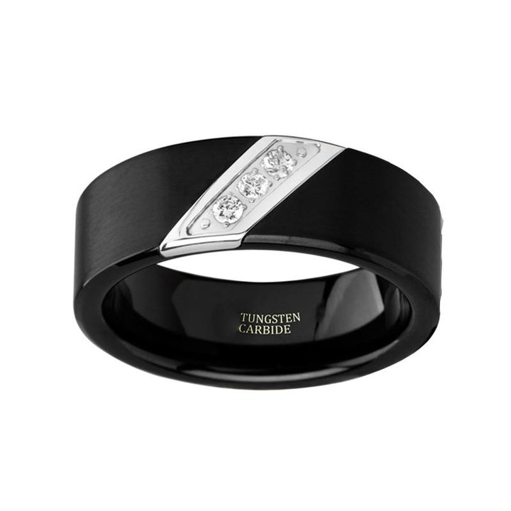 LIAM | Black Tungsten Ring, 3 White Diamond Inlay, Flat - Rings - Aydins Jewelry - 2