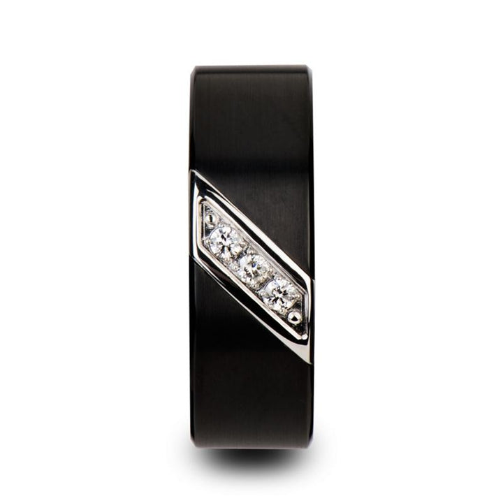 LIAM | Black Tungsten Ring, 3 White Diamond Inlay, Flat - Rings - Aydins Jewelry - 4