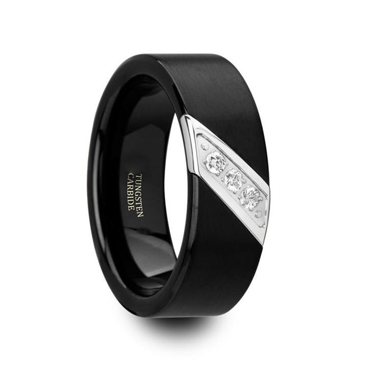 LIAM | Black Tungsten Ring, 3 White Diamond Inlay, Flat - Rings - Aydins Jewelry - 1